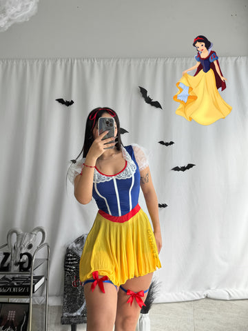 Disfraz Blanca Nieves (vestido, ligas, moño)