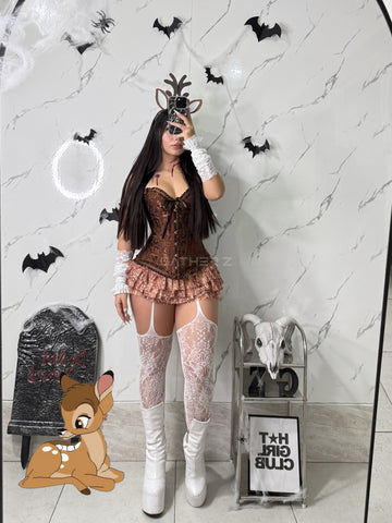 Disfraz pareja Bambi y cazador (corset, short, mangas, oversize hombre , gorra)