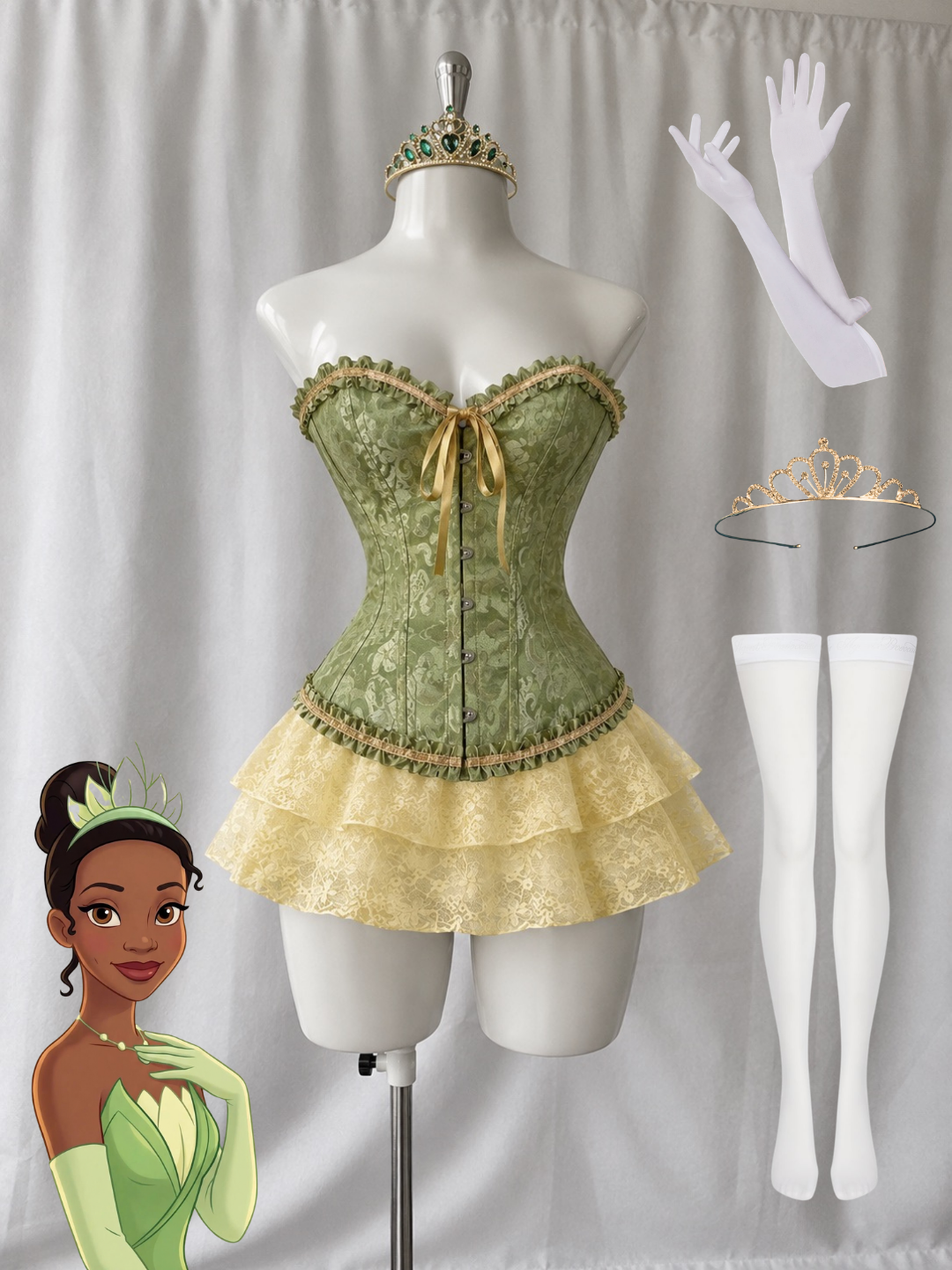 Disfraz la princesa y el sapo (corset, falda talla única , medias, corona al azar, guantes)