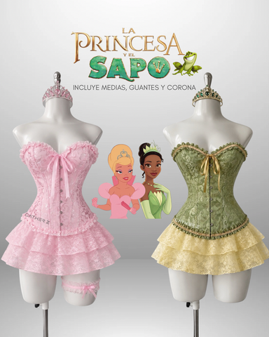 Disfraz la princesa y el sapo (corset, falda talla única , medias, corona al azar, guantes)