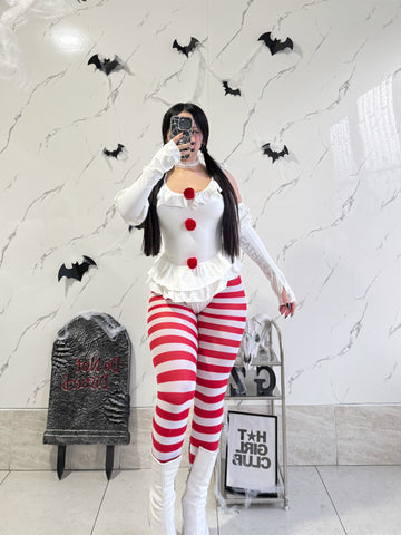 Disfraz payasa (mangas, body, medias)