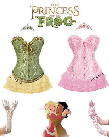 Disfraz la princesa y el sapo (Corset, guantes, falda, corona)