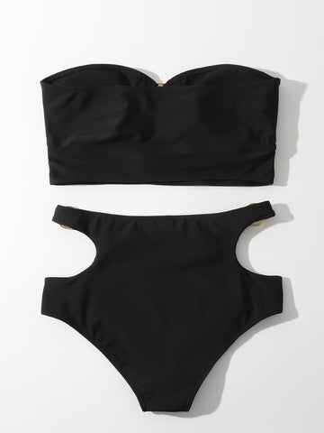 Bikini liso Sujetador bandeau con anilla recortada y bottom de talle alto Traje de baño de 2 piezas