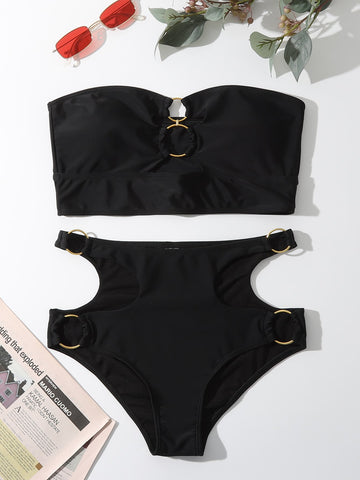 Bikini liso Sujetador bandeau con anilla recortada y bottom de talle alto Traje de baño de 2 piezas