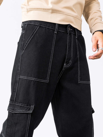 Jeans cargo algodón con puntada en contraste