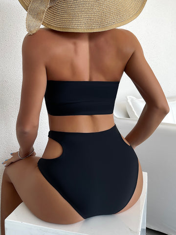 Bikini liso Sujetador bandeau con anilla recortada y bottom de talle alto Traje de baño de 2 piezas