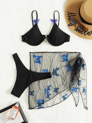 3 piezas bañador bikini push up con diseño de mariposa con falda de playa