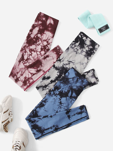 Yoga Trendy 3 piezas Leggings deportivos sin costuras de tie dye con puntada de cintura ancha