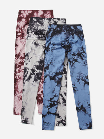 Yoga Trendy 3 piezas Leggings deportivos sin costuras de tie dye con puntada de cintura ancha