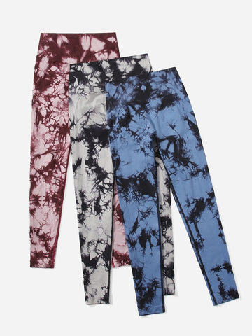 Yoga Trendy 3 piezas Leggings deportivos sin costuras de tie dye con puntada de cintura ancha