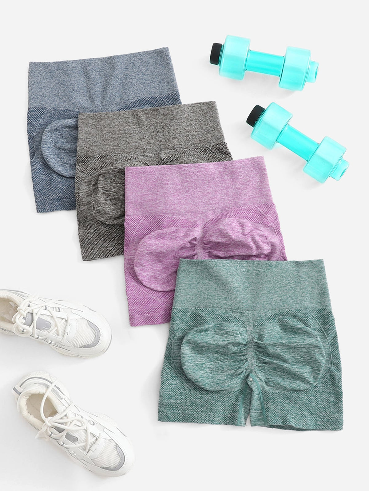 4 piezas Shorts deportivos de mármol de moldeador cadera con estiramiento alto