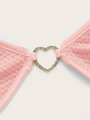 Top halter con diamante de imitación con diseño de aro de corazón de espalda abierta con nudo