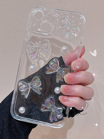 3d Funda de celular transparente con lazo & con diseño de perla artificial con acollador