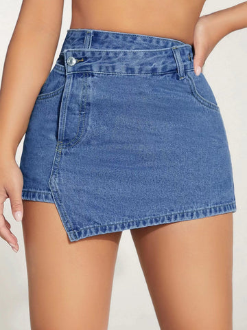 Shorts Vaqueros Con Dobladillo Irregular Y Cintura Alta