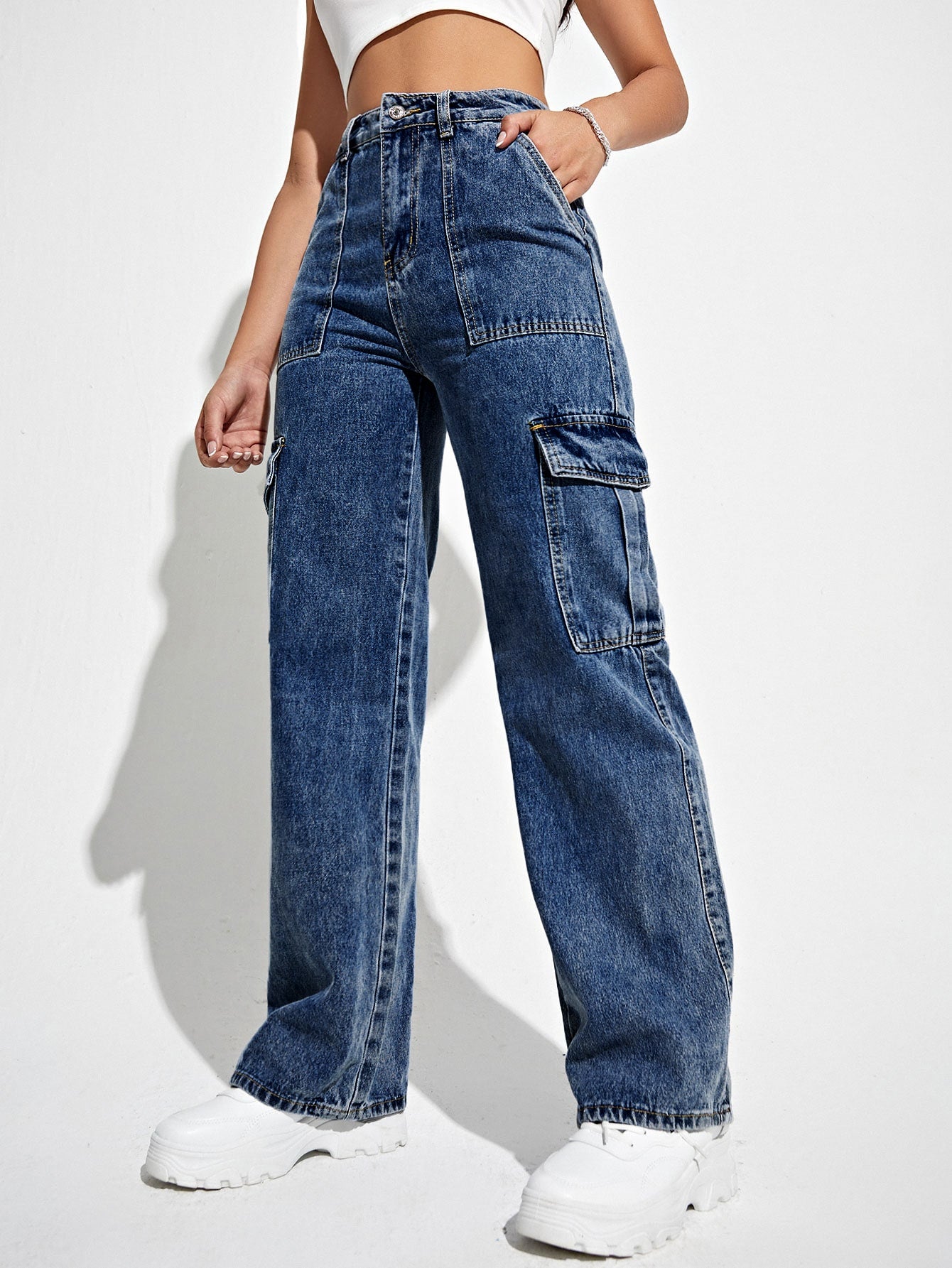 Jeans Cargo de talle Alto con bolsillo con solapa – Gatherz