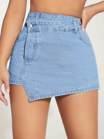 Shorts Vaqueros Con Dobladillo Irregular Y Cintura Alta