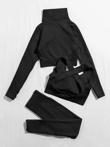 Yoga Basic Conjunto De Ropa Deportiva De 3 Piezas Sin Costuras: Sujetador Deportivo, Chaqueta Deportiva Y Mallas Deportivas