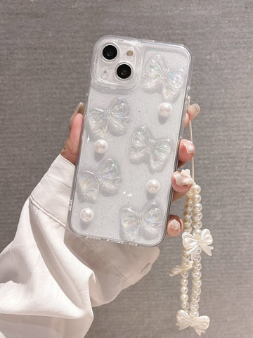 3d Funda de celular transparente con lazo & con diseño de perla artificial con acollador