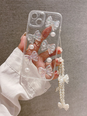 3d Funda de celular transparente con lazo & con diseño de perla artificial con acollador