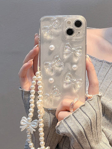 3d Funda de celular transparente con lazo & con diseño de perla artificial con acollador