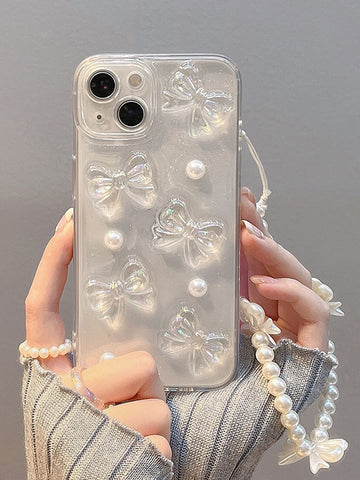 3d Funda de celular transparente con lazo & con diseño de perla artificial con acollador