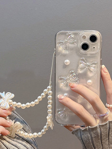 3d Funda de celular transparente con lazo & con diseño de perla artificial con acollador