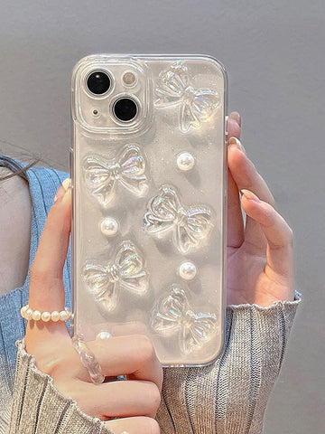 3d Funda de celular transparente con lazo & con diseño de perla artificial con acollador