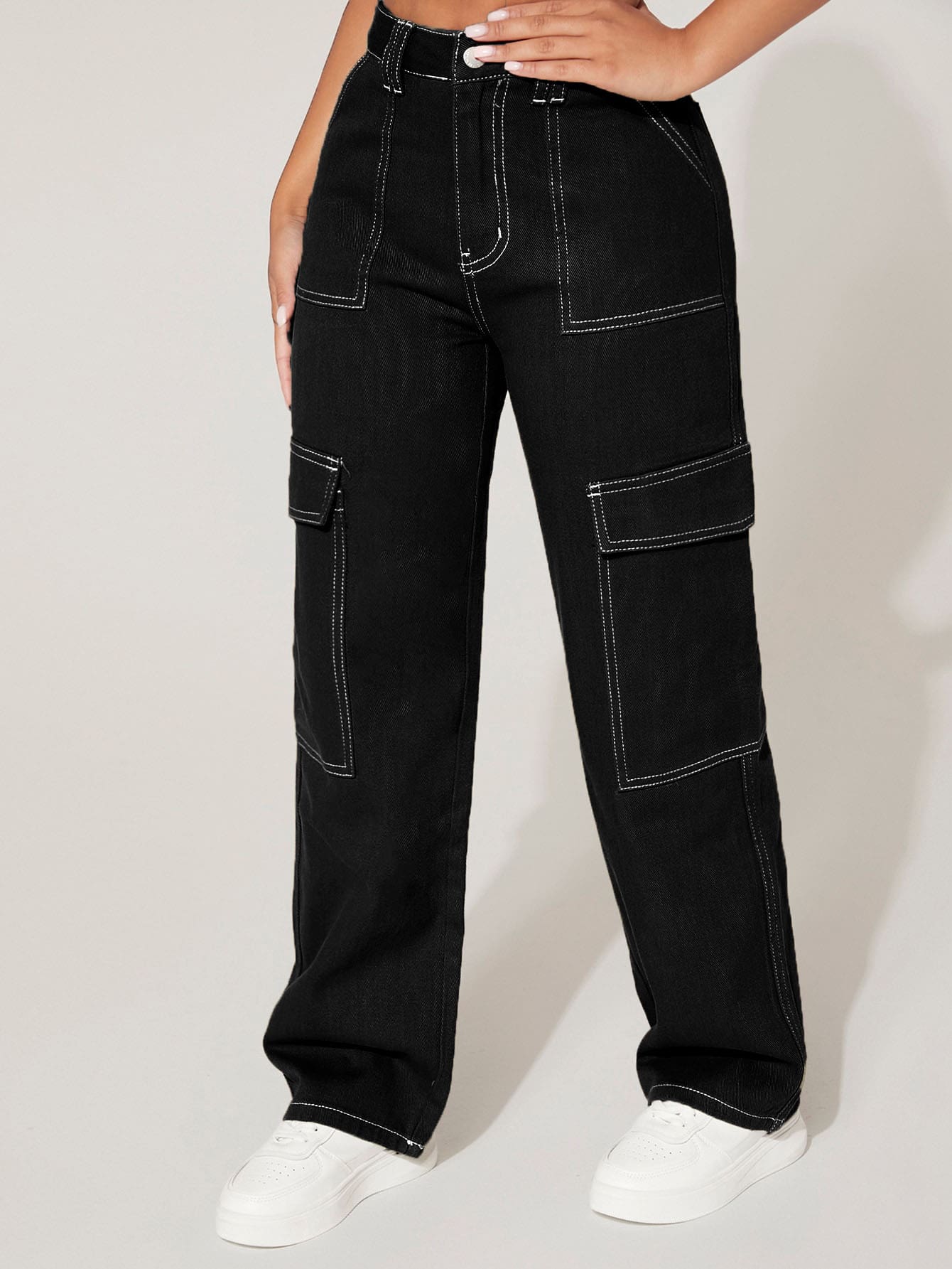 PETITE Jeans cargo de talle alto con bolsillo con solapa – Yaxa Store