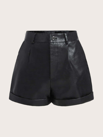 Shorts de talle alto bajo de doblez PU