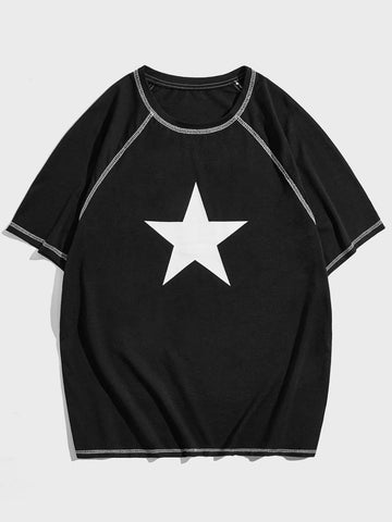 Camiseta con estampado de estrella con puntada de manga raglán