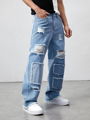 Jeans para hombre Bolsillo Dobladillo sin costuras Desgarro Liso