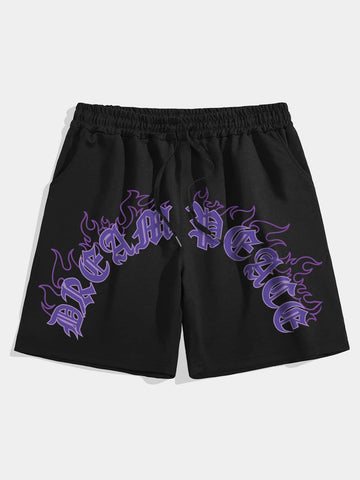 Shorts con letra con estampado de fuego de cintura con cordón