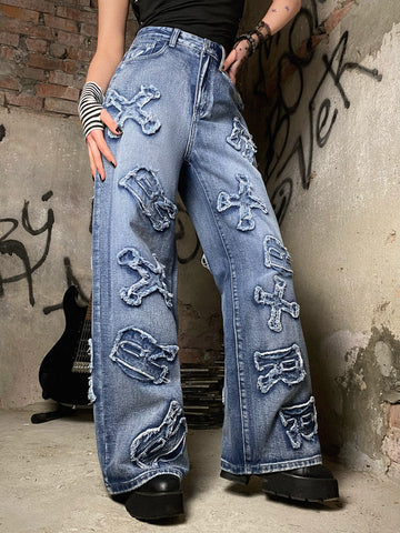 Jeans para mujer Botón Bolsillo Cremallera Letras