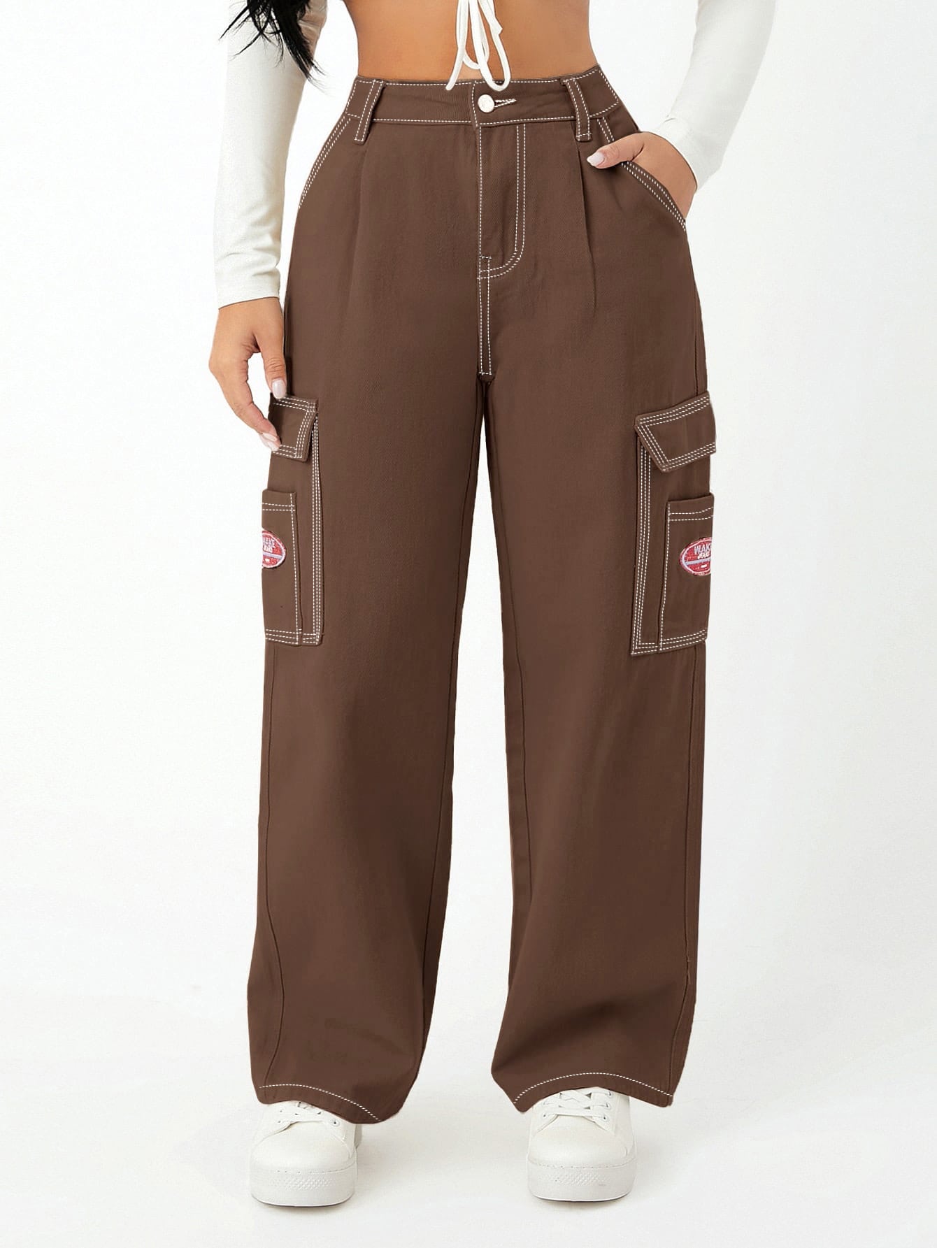  Pantalones para mujer Pantalones cargo con parches y bolsillo  en la cintura (color : gris, talla: XS) : Ropa, Zapatos y Joyería
