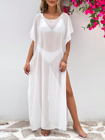 Vestido cover up de manga murciélago de muslo con abertura sin set bikini