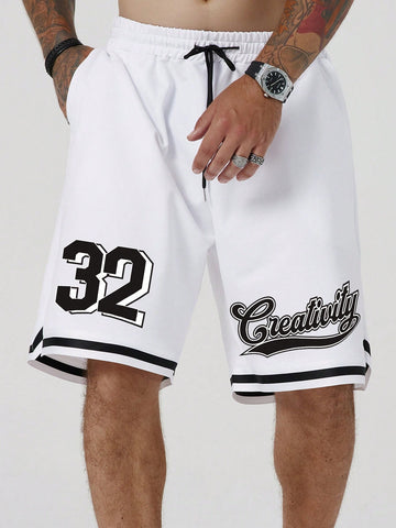 Shorts Para Hombres Con Cordón Y Cintura Contrastante Con Diseño Gráfico De Letras