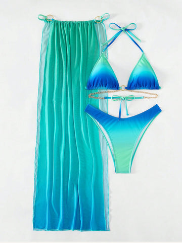 Bikini triángulo halter de ombré con falda de playa