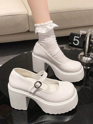 Preppy Mary Jane Shoes For Women White Buckle Decor Platform Shoes