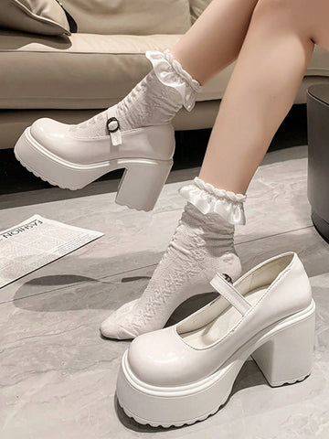 Preppy Mary Jane Shoes For Women White Buckle Decor Platform Shoes