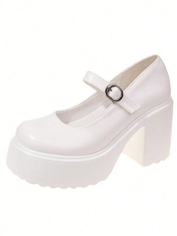 Preppy Mary Jane Shoes For Women White Buckle Decor Platform Shoes