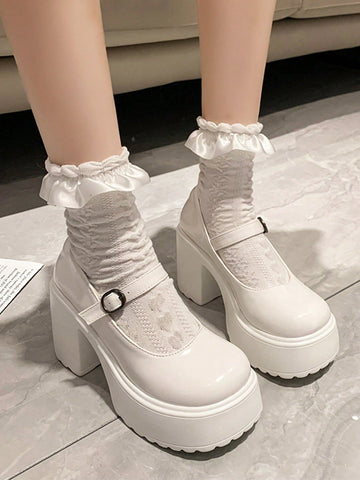 Preppy Mary Jane Shoes For Women White Buckle Decor Platform Shoes