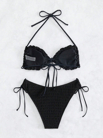 Bikini halter ribete fruncido con falda de playa