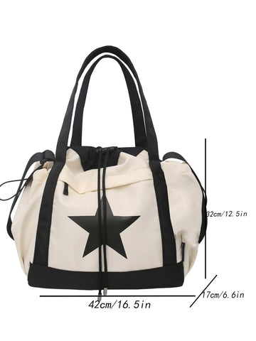 Bolso negro con blanco en contraste con estrella con estampado nailon impermeable de tela