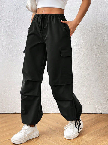 Pantalones cargo de cintura con cordón con bolsillo lateral con solapa paracaídas