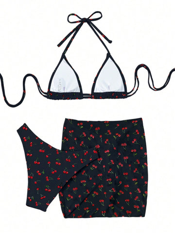 Bikini triángulo halter con estampado de cereza con falda de playa