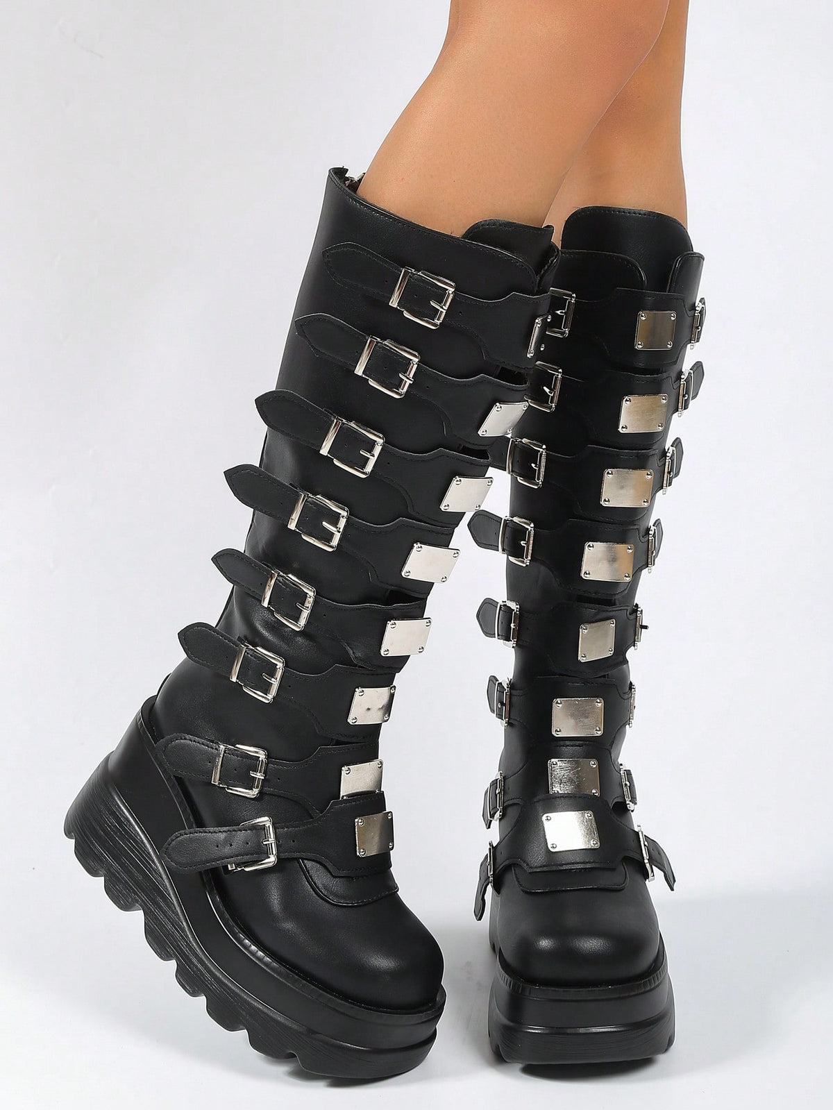 Botas de mujeres de moda exterior anti deslizante punta redonda con cordón estilo punk cuña tacón grueso plataforma