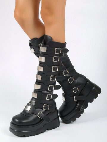 Botas de mujeres de moda exterior anti deslizante punta redonda con cordón estilo punk cuña tacón grueso plataforma