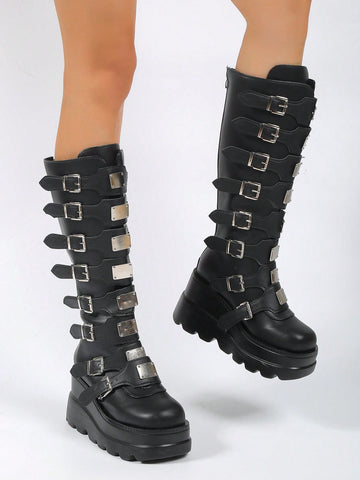 Botas de mujeres de moda exterior anti deslizante punta redonda con cordón estilo punk cuña tacón grueso plataforma