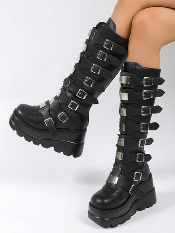 Botas de mujeres de moda exterior anti deslizante punta redonda con cordón estilo punk cuña tacón grueso plataforma