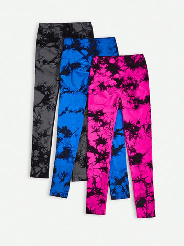 Yoga Trendy 3 piezas Leggings deportivos sin costuras de tie dye con puntada de cintura ancha